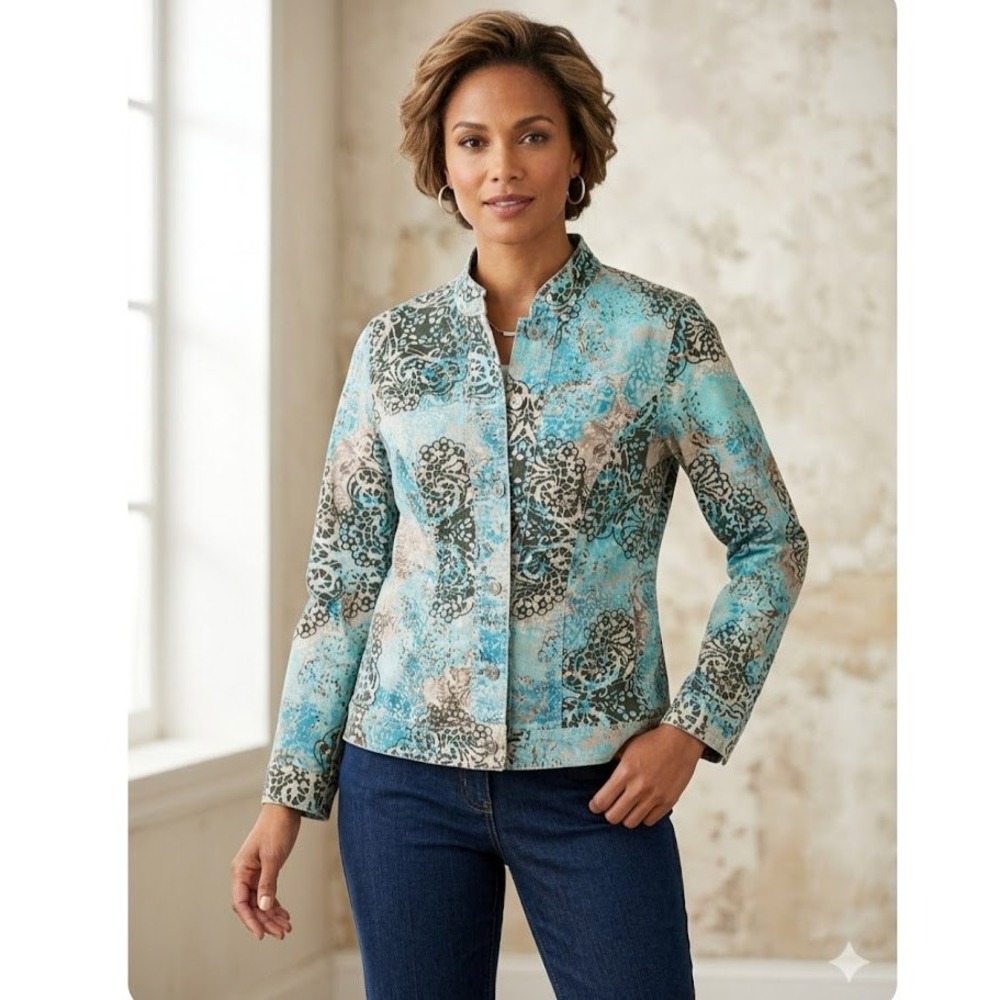 Chico's Jacket Womens 1 M Blue Medallion Scroll Print Cotton Blend Stretch Denim